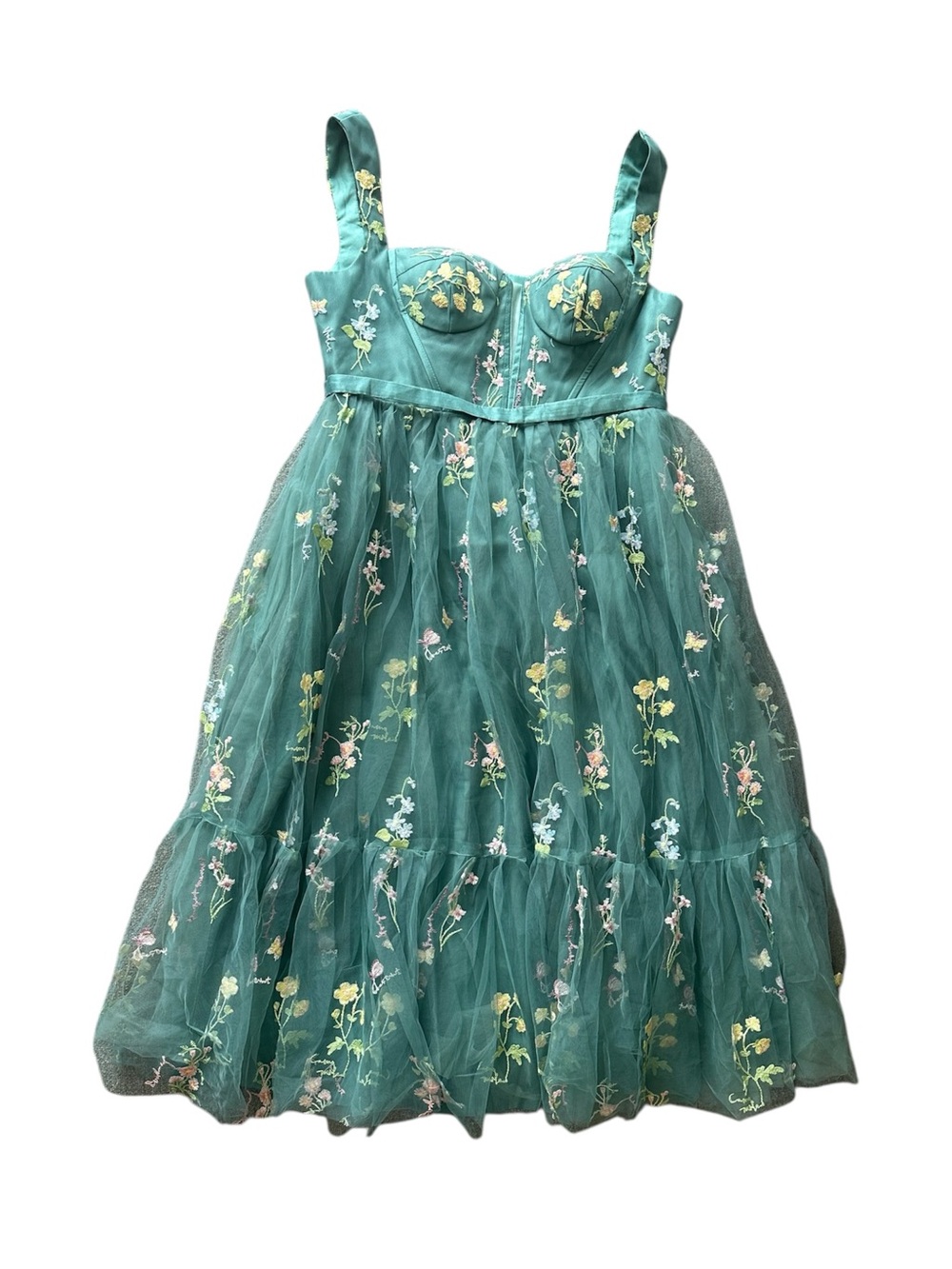 Green Floral Embroidered Tulle Midi Dress